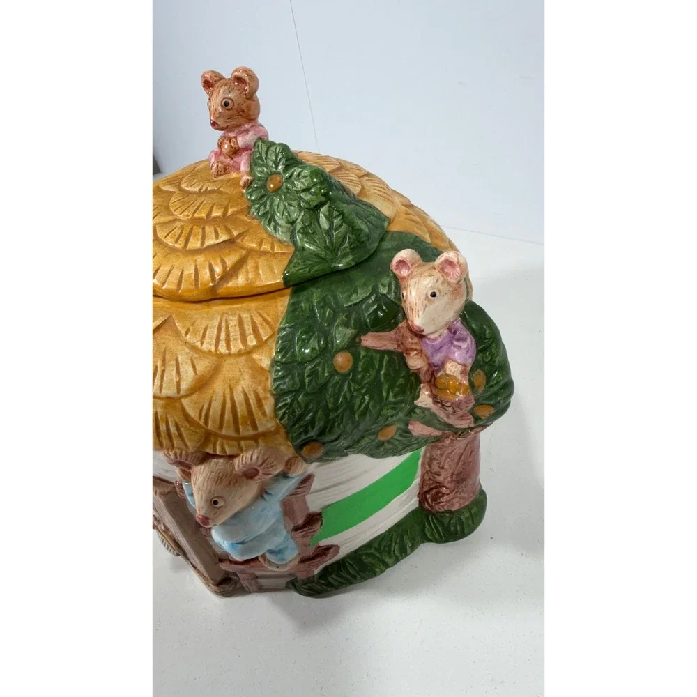 Vintage Ceramic Mouse Cottage Cookie Jar Hand Painted Whimsical Mice House 8in